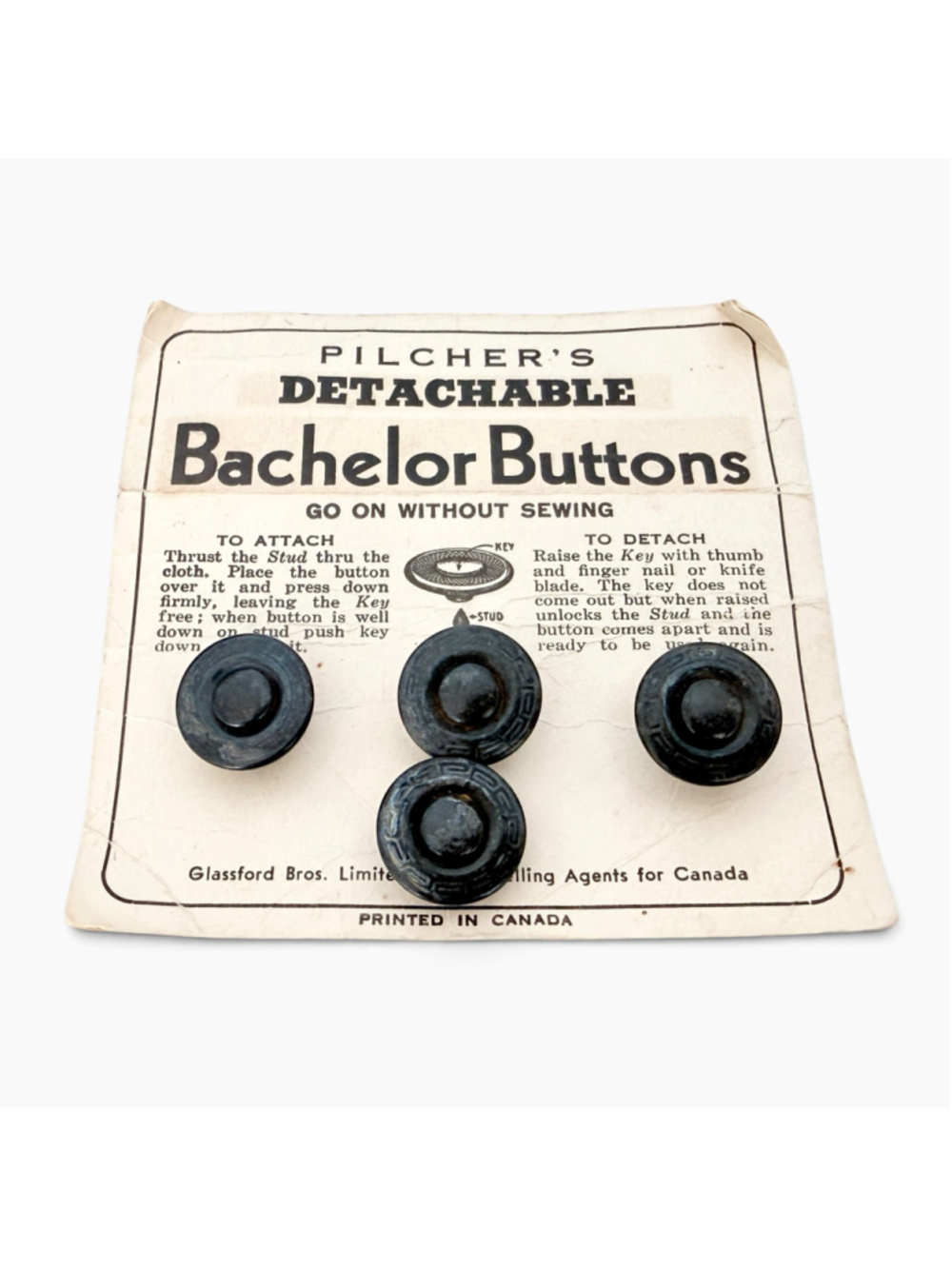 Antique Bakelite Buttons Pilcher’s Bachelor Buttons Original Card Art Deco Black